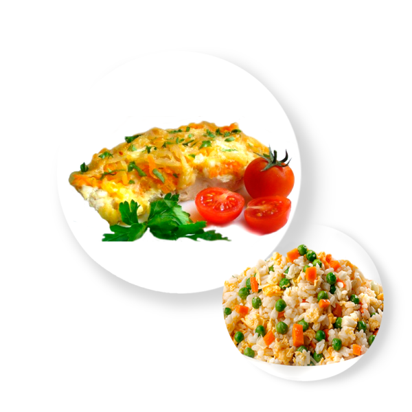 Рыба треска с рисом овощами  и соусом